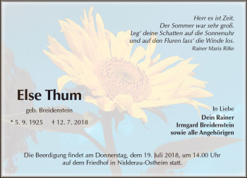 Traueranzeige von Else Thum von  Kreisanzeiger