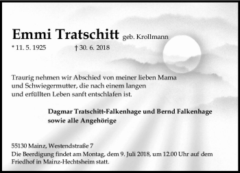 Traueranzeige von Emmi Tratschitt von vrm-trauer