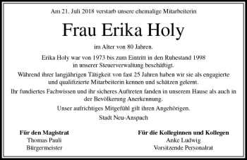 Traueranzeige von Erika Holy von  Usinger Anzeiger