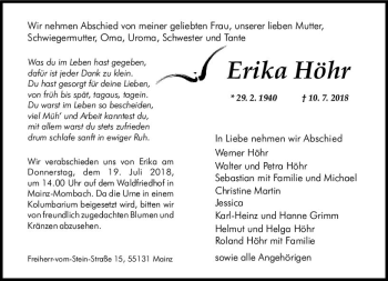 Traueranzeige von Erika Höhr von vrm-trauer