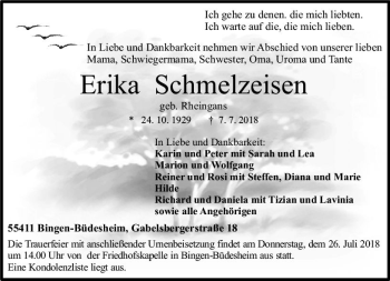 Traueranzeige von Erika Schmelzeisen von vrm-trauer
