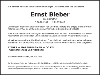 Traueranzeige von Ernst Bieber von  Gießener Anzeiger