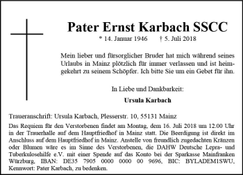 Traueranzeige von Ernst Karbach von vrm-trauer
