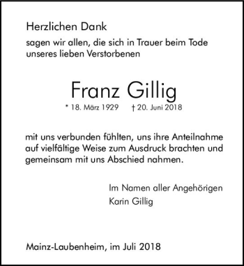 Traueranzeige von Franz Gillig von vrm-trauer