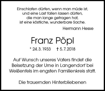 Traueranzeige von Franz Pöpl von vrm-trauer