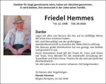Traueranzeige von Friedel Hemmes von vrm-trauer