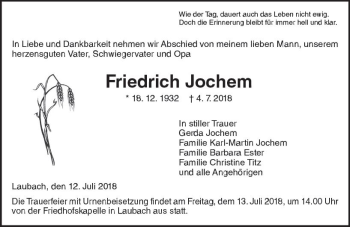 Traueranzeige von Friedrich Jochem von  Gießener Anzeiger