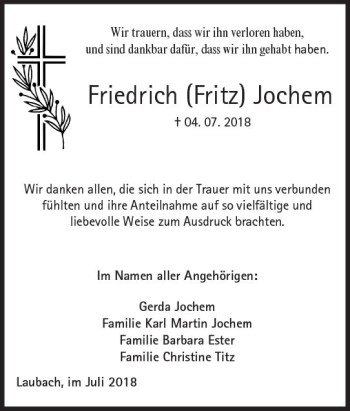 Traueranzeige von Friedrich Jochem von  Gießener Anzeiger
