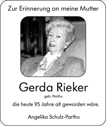 Traueranzeige von Gerda Rieker von vrm-trauer