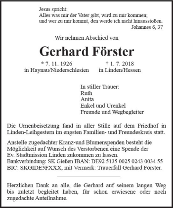 Traueranzeige von Gerhard Förster von  Gießener Anzeiger