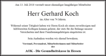Traueranzeige von Gerhard Koch von vrm-trauer
