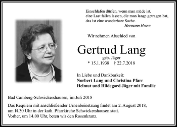 Traueranzeige von Gertrud Lang von  Camberger Anzeiger