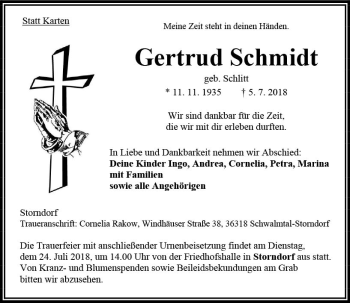 Traueranzeige von Gertrud Schmidt von VRM Trauer