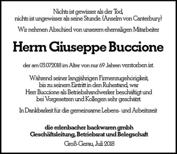 Traueranzeige von Giuseppe Buccione von vrm-trauer