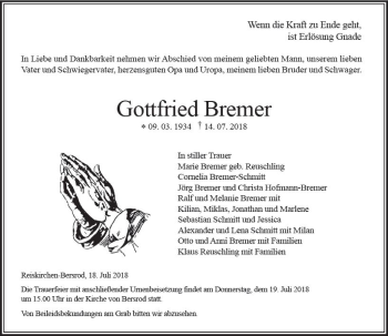 Traueranzeige von Gottfried Bremer von  Gießener Anzeiger