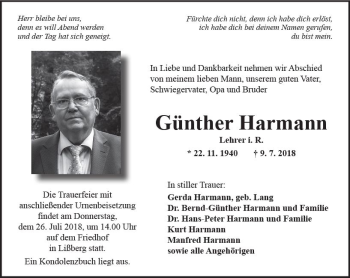 Traueranzeige von Günther Harmann von  Kreisanzeiger