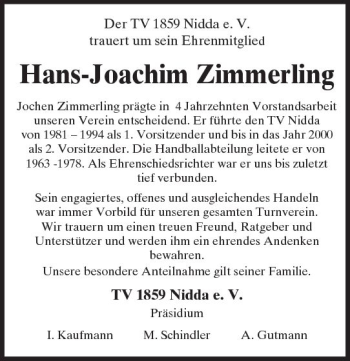 Traueranzeige von Hans-Joachim Zimmerling von  Kreisanzeiger