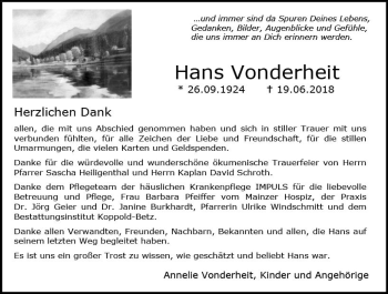 Traueranzeige von Hans Vonderheit von vrm-trauer