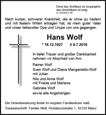 Traueranzeige von Hans Wolf von vrm-trauer