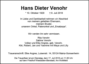 Traueranzeige von Hans Dieter Venohr von vrm-trauer