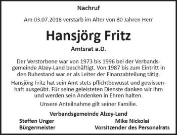 Traueranzeige von Hansjörg Fritz von vrm-trauer