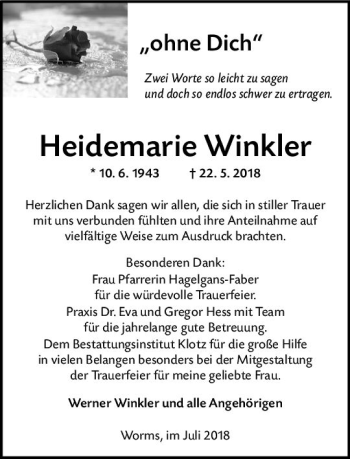 Traueranzeige von Heidemarie Winkler von vrm-trauer
