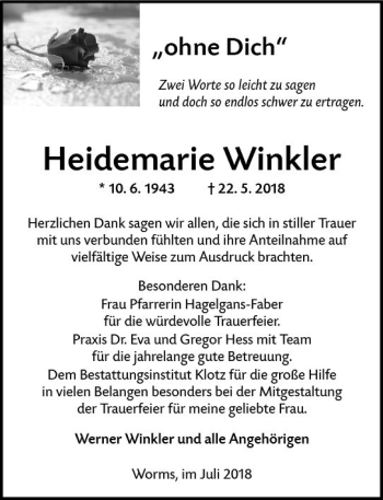 Traueranzeige von Heidemarie Winkler von vrm-trauer