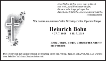 Traueranzeige von Heinrich Bohn von vrm-trauer