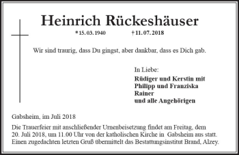 Traueranzeige von Heinrich Rückeshäuser von vrm-trauer