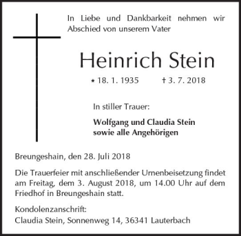 Traueranzeige von Heinrich Stein von  Kreisanzeiger