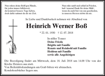 Traueranzeige von Heinrich Werner Boß von VRM Trauer