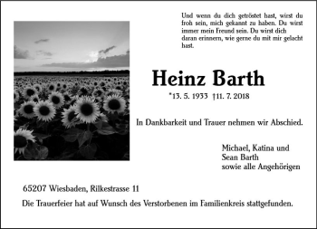 Traueranzeige von Heinz Barth von vrm-trauer