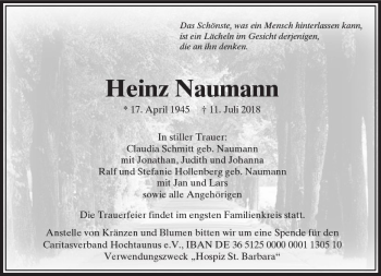 Traueranzeige von Heinz Naumann von  Usinger Anzeiger