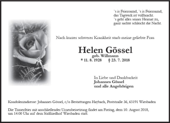 Traueranzeige von Helene Gössel von vrm-trauer