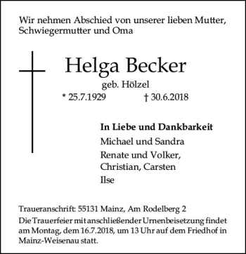 Traueranzeige von Helga Becker von vrm-trauer