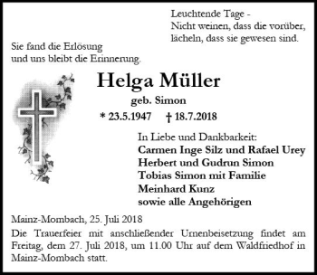 Traueranzeige von Helga Müller von vrm-trauer