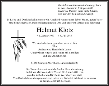 Traueranzeige von Helmut Klotz von  Usinger Anzeiger