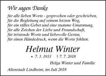Traueranzeige von Helmut Winter von  Kreisanzeiger