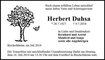 Traueranzeige von Herbert Duhsa von vrm-trauer