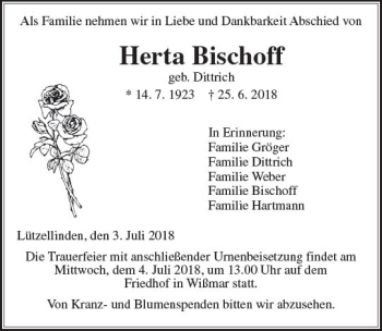 Traueranzeige von Herta Bischoff von  Gießener Anzeiger