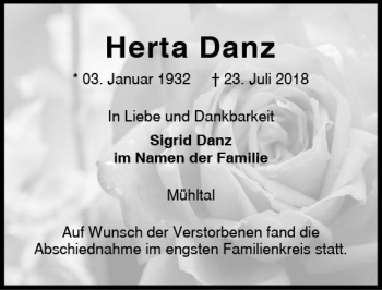 Traueranzeige von Herta Danz von vrm-trauer
