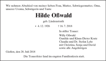 Traueranzeige von Hilde Oßwald von  Gießener Anzeiger