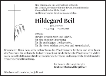 Traueranzeige von Hildegard Beil von vrm-trauer