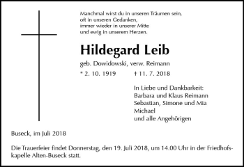 Traueranzeige von Hildegard Leib von  Gießener Anzeiger