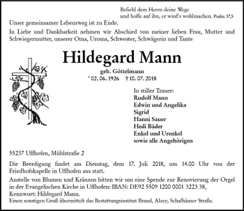 Traueranzeige von Hildegard Mann von vrm-trauer