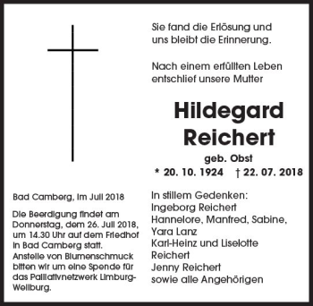 Traueranzeige von Hildegard Reichert von  Camberger Anzeiger