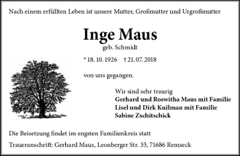 Traueranzeige von Inge Maus von vrm-trauer