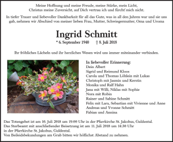 Traueranzeige von Ingrid Schmitt von vrm-trauer