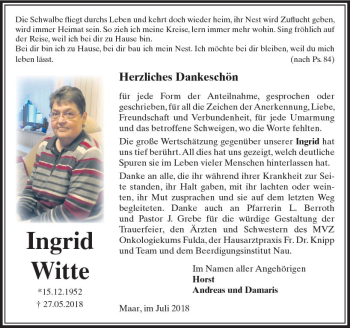 Traueranzeige von Ingrid Witte von VRM Trauer