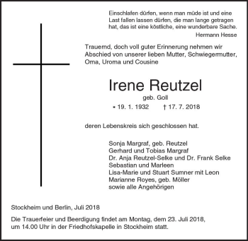 Traueranzeige von Irene Reutzel von  Kreisanzeiger